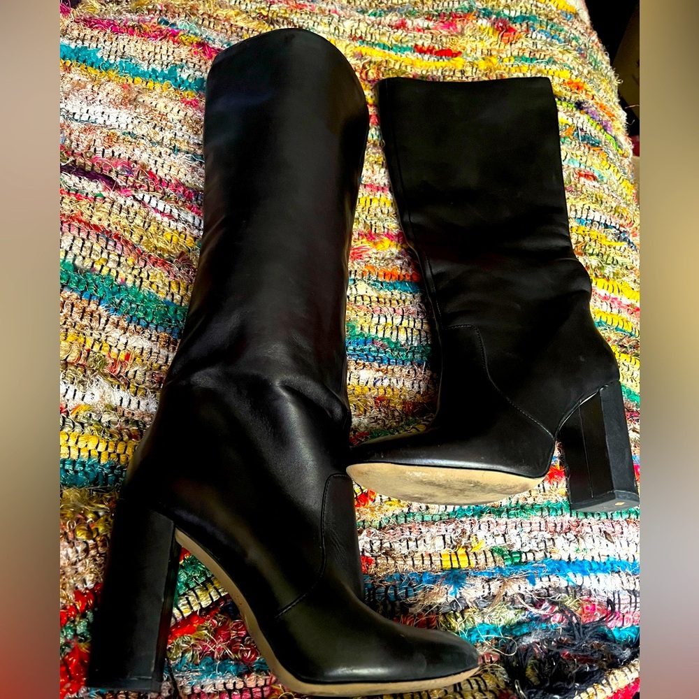 🌺Elegant black leather knee-highs, classic style, inner zip, 3.5" heel.🌺